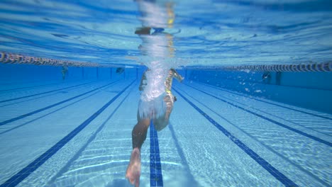 mujer nadando en la piscina en la piscina olímpica vista desde debajo del agua