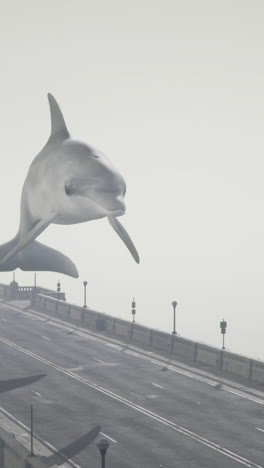 giant flying dolphin over empty city road