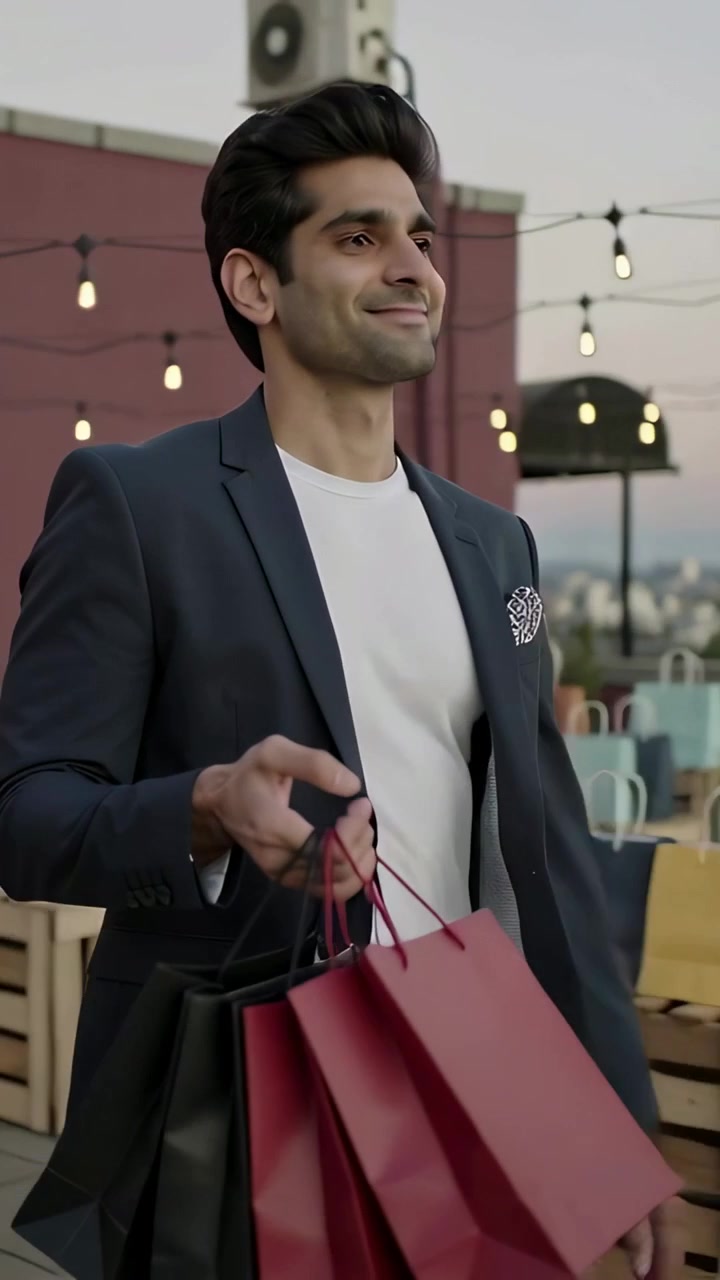 Video verticale: uomo in blazer blu navy che cammina su una terrazza con borse della spesa dopo aver fatto acquisti, luci sullo sfondo