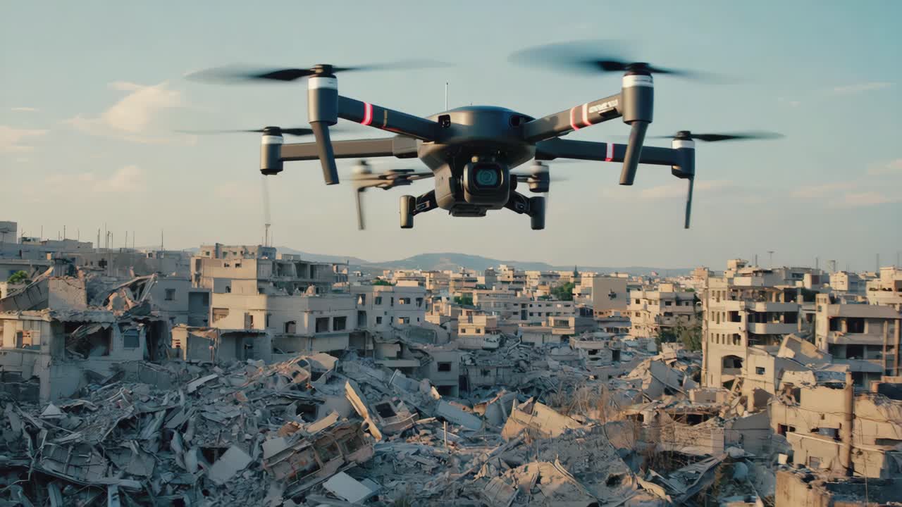 Drone Over War-Torn City