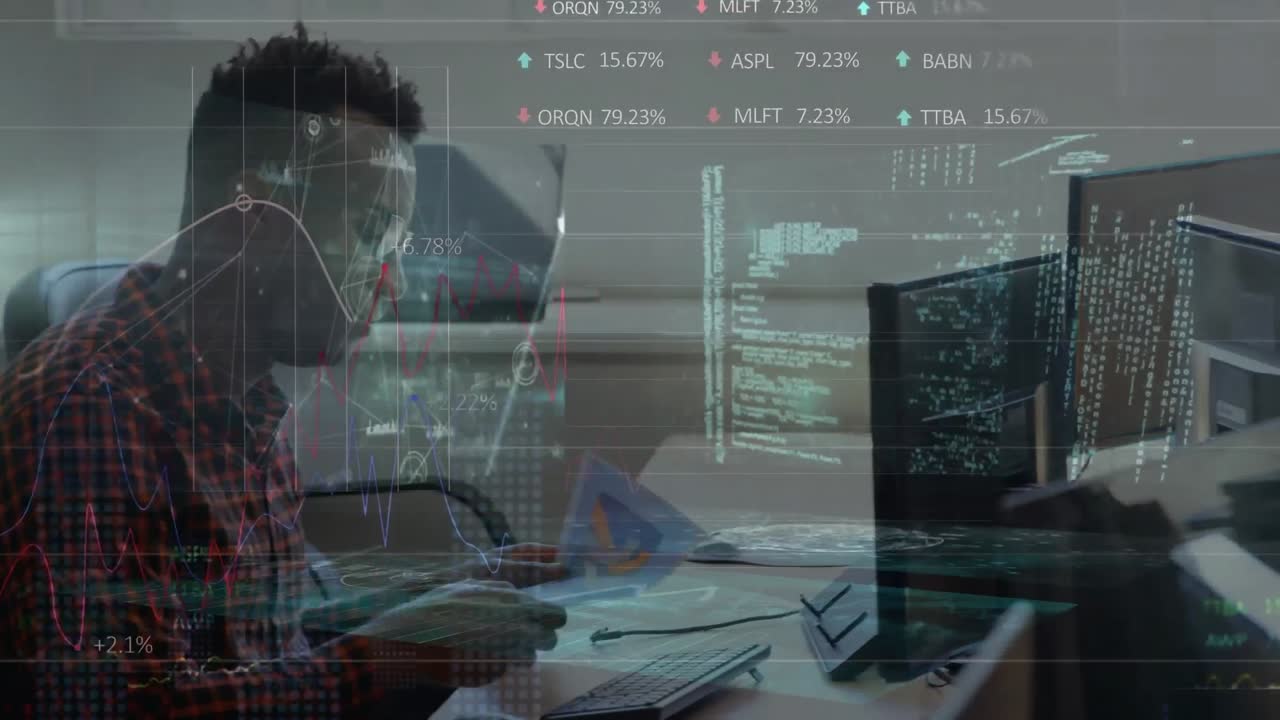 사무실에서 일하는 다양한 비즈니스 사람들에 대한 데이터 처리의 애니메이션