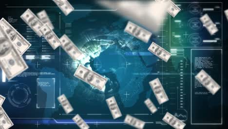 animation of american dollar banknotes falling over globe, statistics and data processing