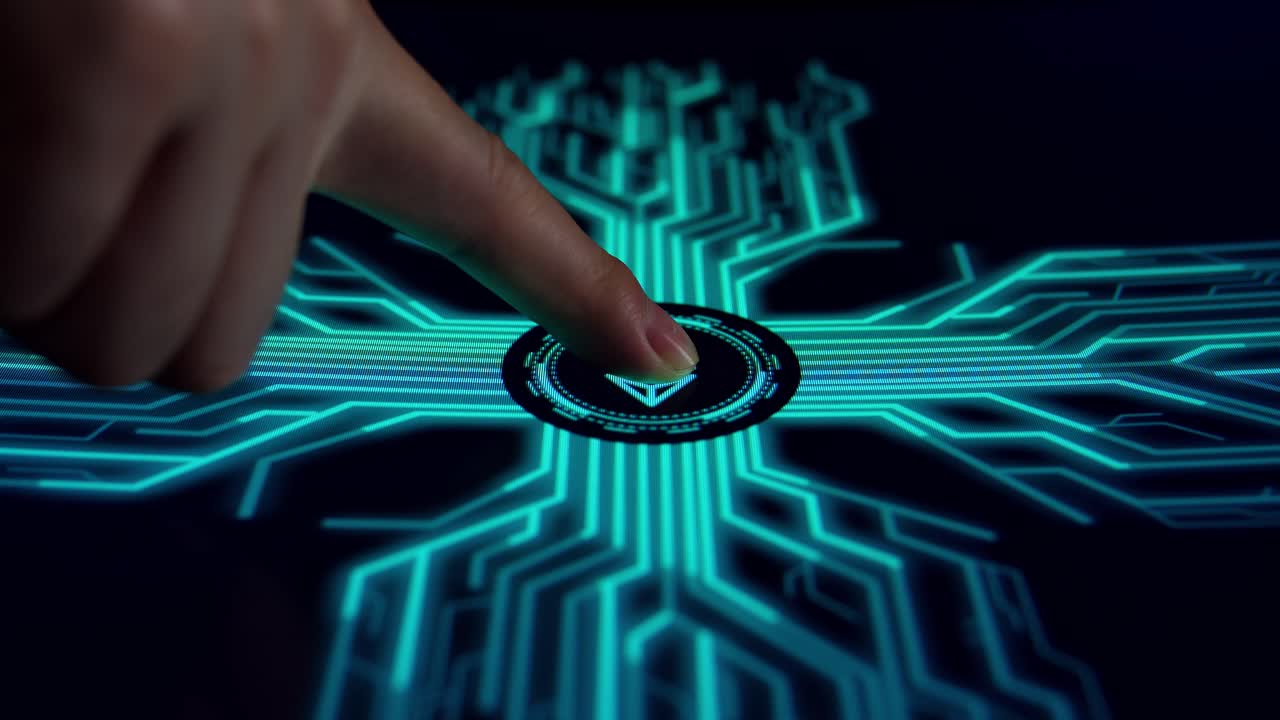 Side View, Human Finger Pushes Touch Ethereum Digital Currency With Futuristic Artificial Intelligence Spreading Through Internet. Visualization Of Machine Learning, Computer Technology, Neural Network