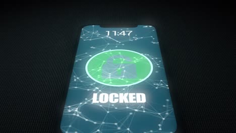 high quality animated 3d cgi render with tilting orbiting camera move - close up of mobile phone being unlocked and hacked, with digital and binary code flowing out and a skull and crossbones motif