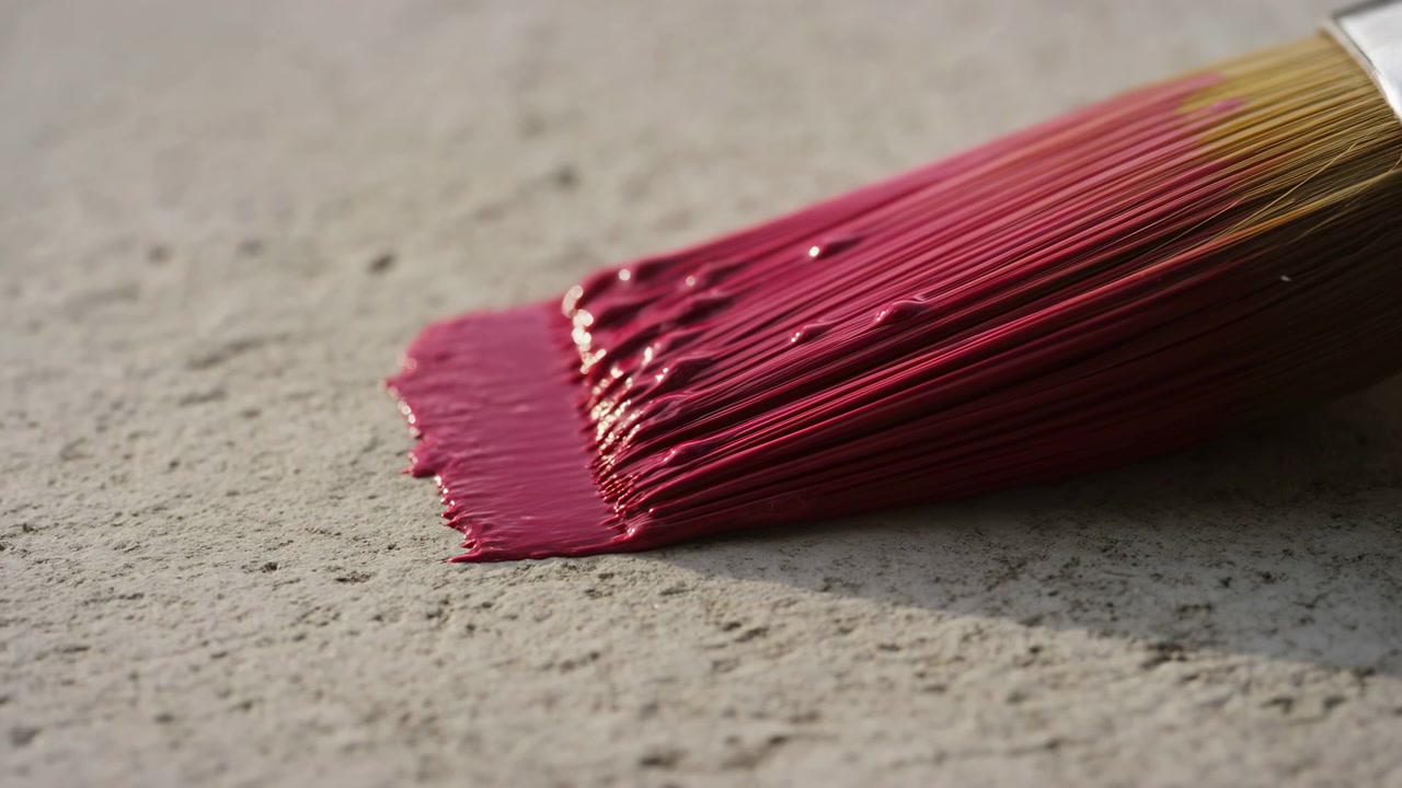 Vista em close-up extremo de baixo ângulo de um pincel chato de cerdas naturais pressionando sobre uma superfície neutra e áspera e espalhando tinta magenta úmida em uma mancha fina e em movimento com sulcos paralelos e gotas brilhantes.