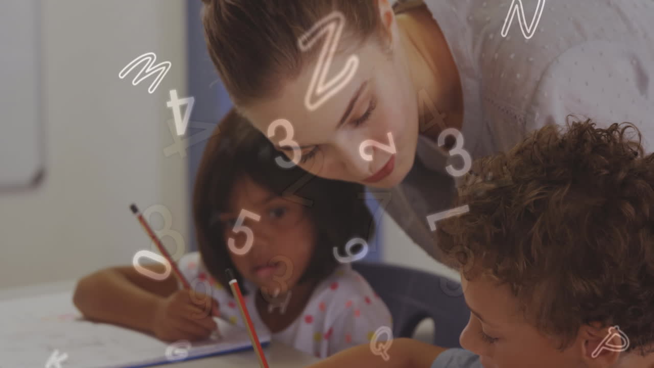 Animation of changing numbers and multiple letters over diverse female teacher helping students