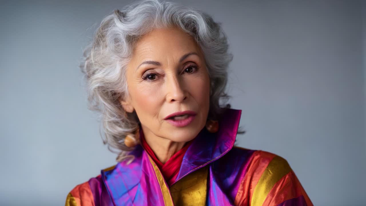 Un elegante ritratto di un'anziana signora vestita con colori vivaci, che emana bellezza e sicurezza senza tempo in due inquadrature in posa che catturano espressione e compostezza