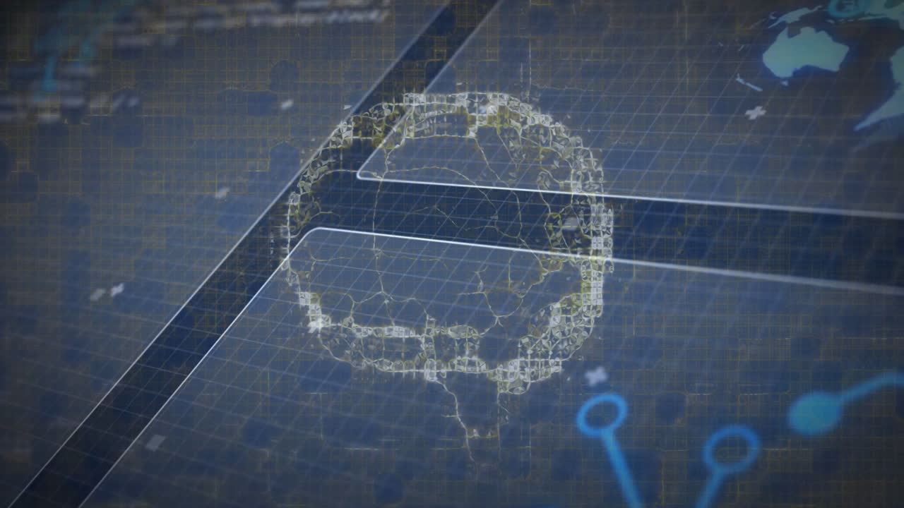 Animation of digital brain structure forming with blue network connections over grid