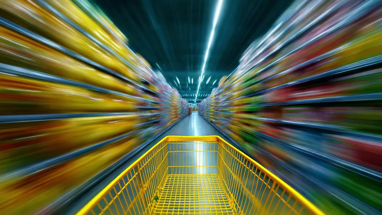 A vibrant shopping experience captured in motion, showcasing the aisles of a grocery store with colorful products lining the shelves, all centered around a yellow shopping cart moving forward