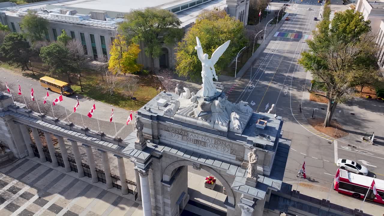 Aerial shot circling the Princes Gates monument at the CNE in Toronto