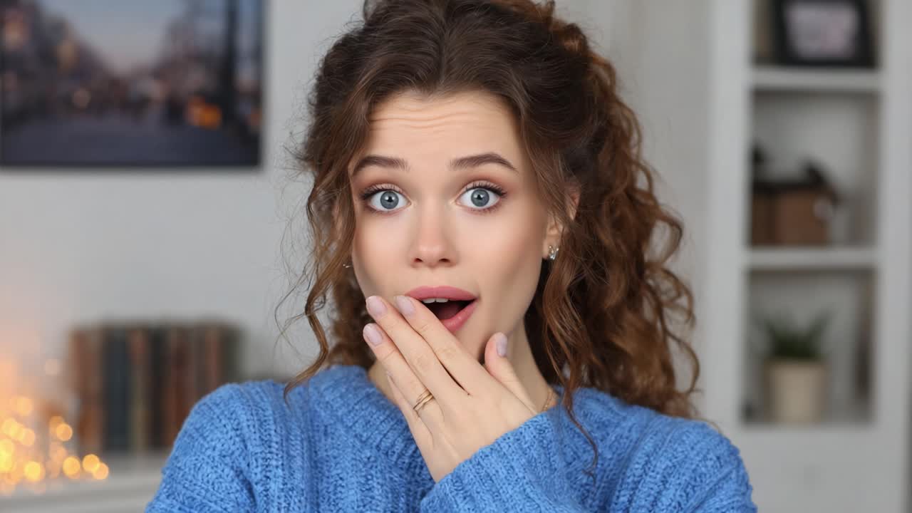 Surprise and Delight: A Young Woman's Reaction Captured in Two Moments, Transitioning from Shock to Joyful Smiles in Cozy Indoor Setting