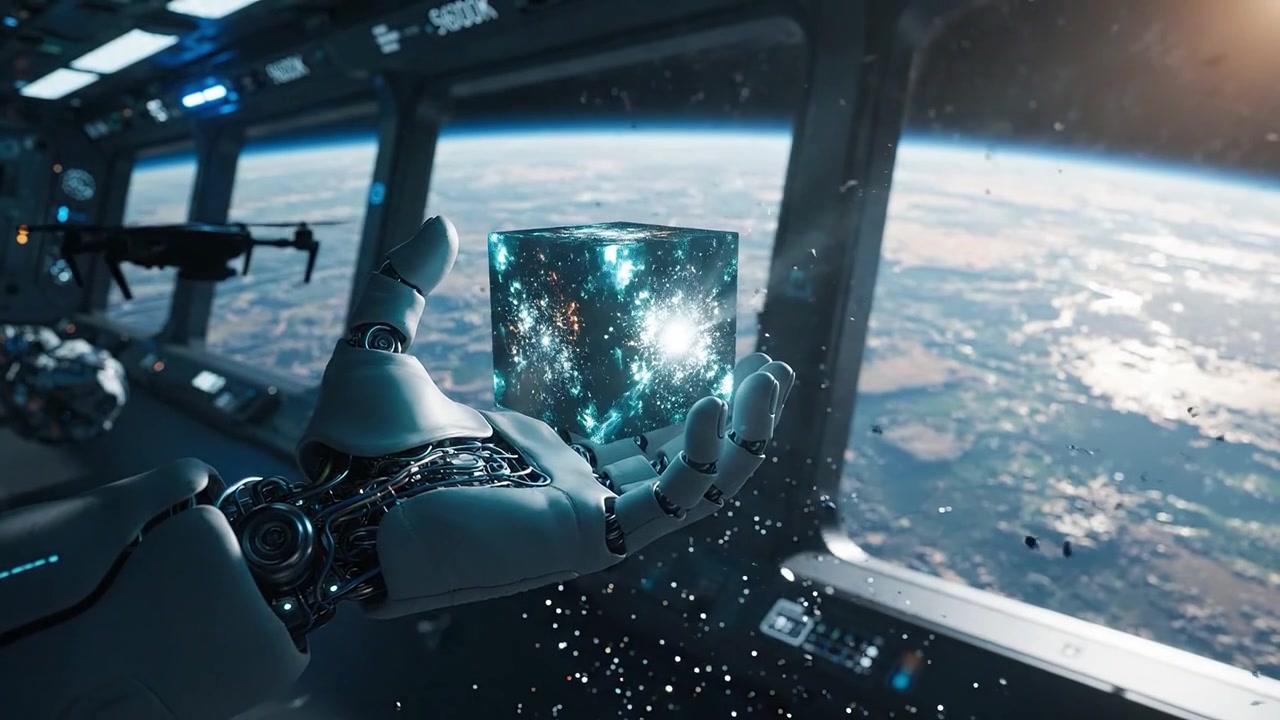 A futuristic robotic hand holding a glowing cube in a spaceship, with stunning views of Earth outside the window, blending technology and science fiction elements.