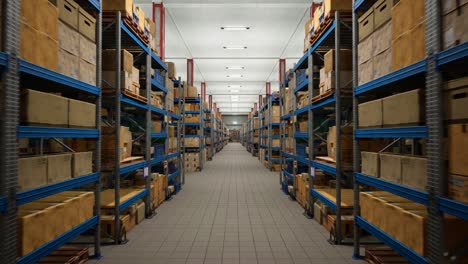 industrial warehouse filled with storage boxes labeled for shipment, distribution center storing cargo for import export industry