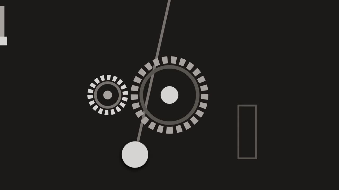 Minimal abstract animation of a clock mechanism with rotating gears and moving pendulum elements on a dark background. Ideal for time concepts, countdowns, technology, and motion graphics