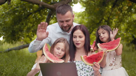 family video chat enjoying watermelon picnic