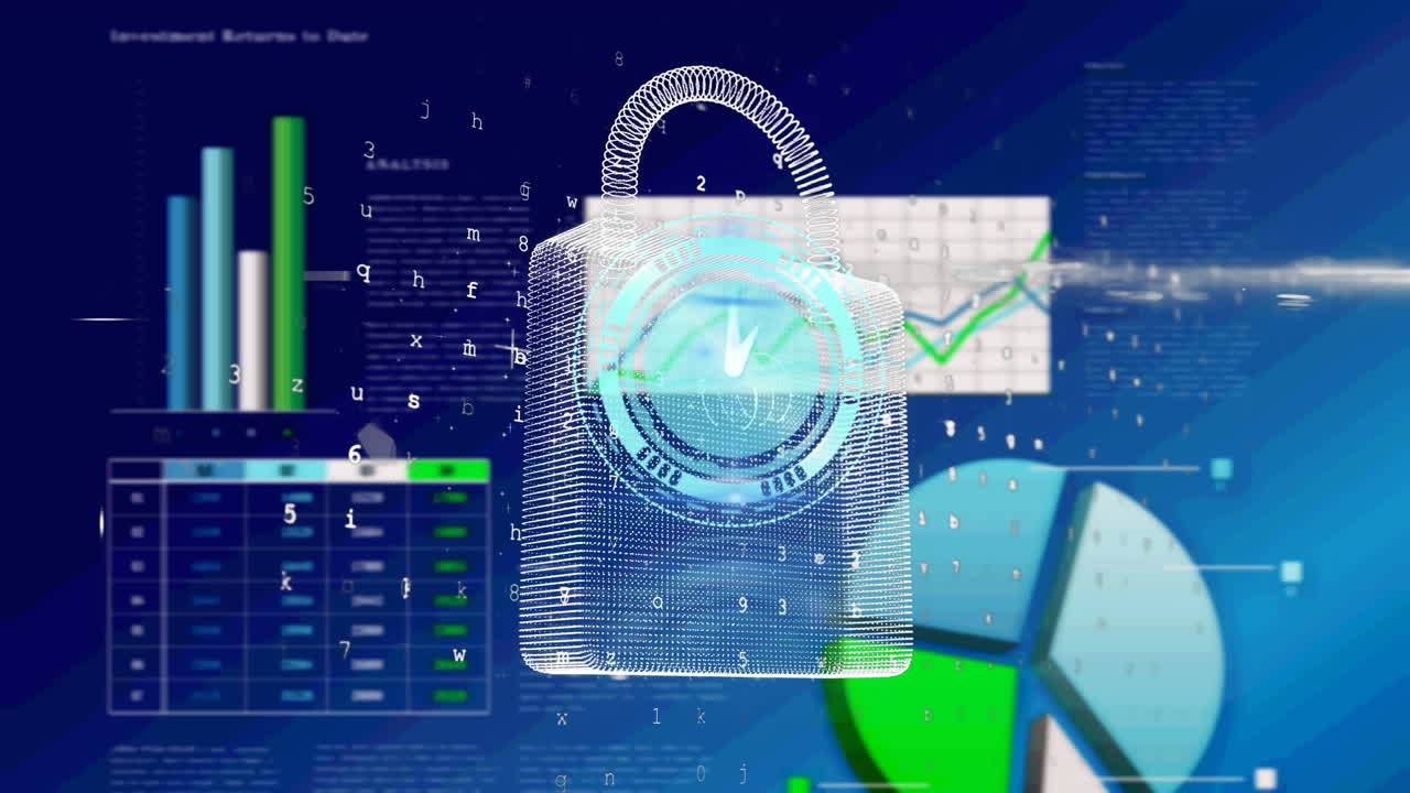 animación del candado de seguridad en línea y procesamiento de datos en pantalla