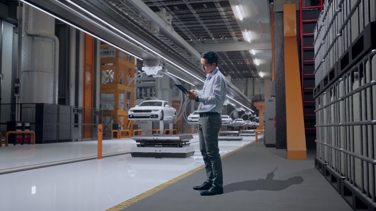 품질 관리를 위해 태블릿을 사용하는 공장 노동자