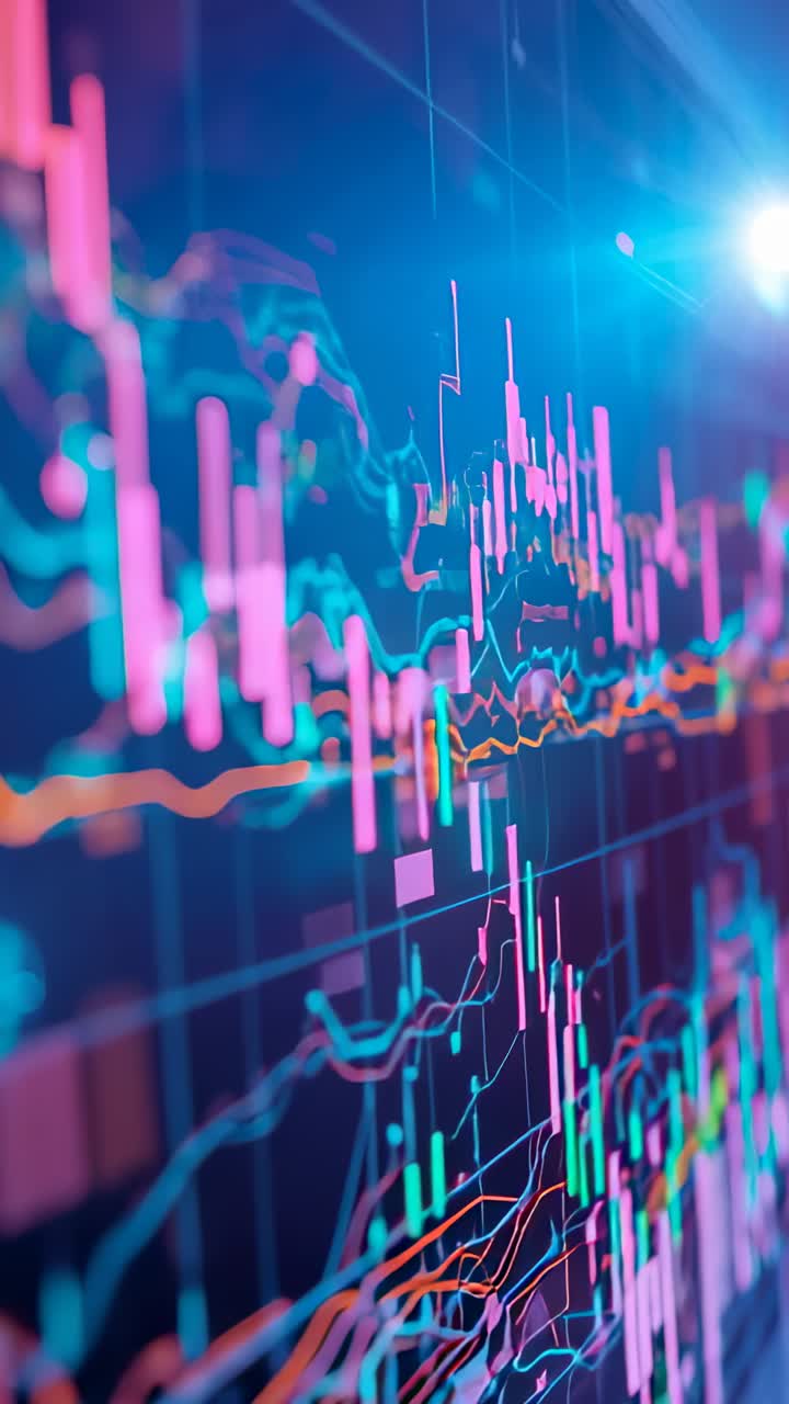 Vertical video: Updating chart display on glowing grid, pulsing candlesticks and colored lines