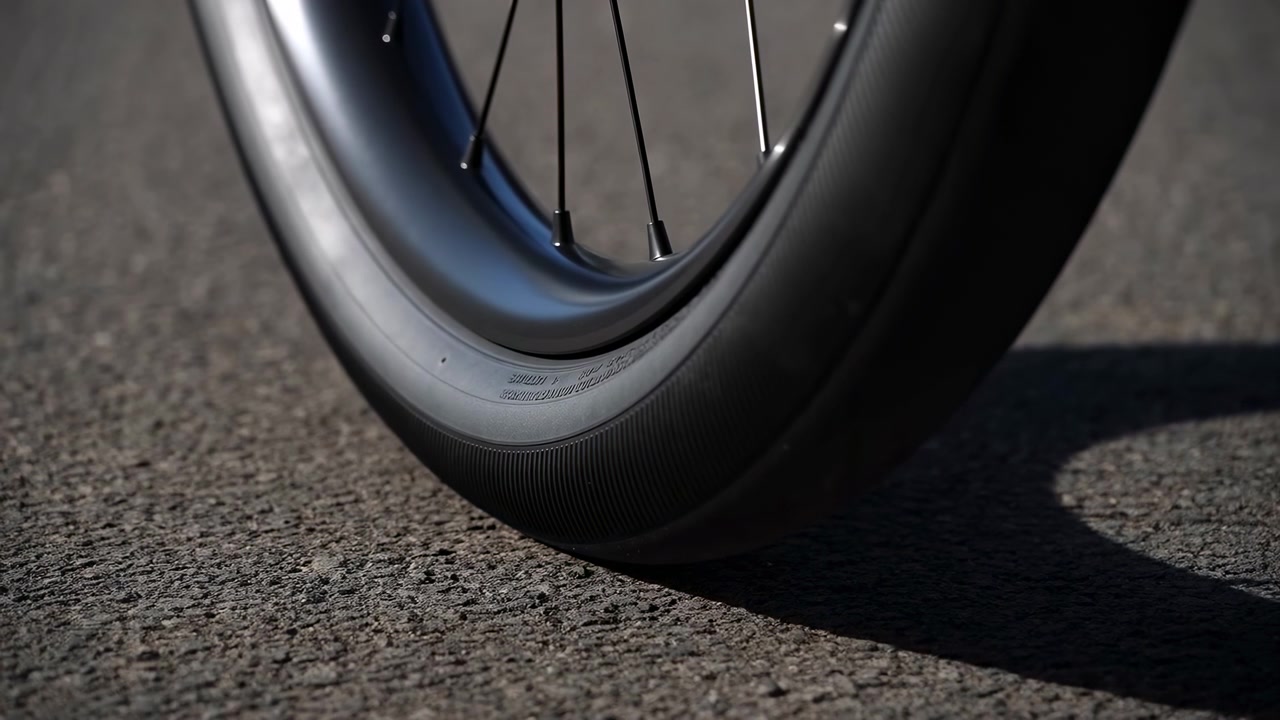 Una prospettiva a livello stradale cattura una ruota di bicicletta in movimento accanto ad asfalto ruvido, con cerchio opaco, raggi sottili, pneumatico in gomma, ombra, texture e l'energia del trasporto moderno, con bicicletta, ruota, cerchio, pneumatico.