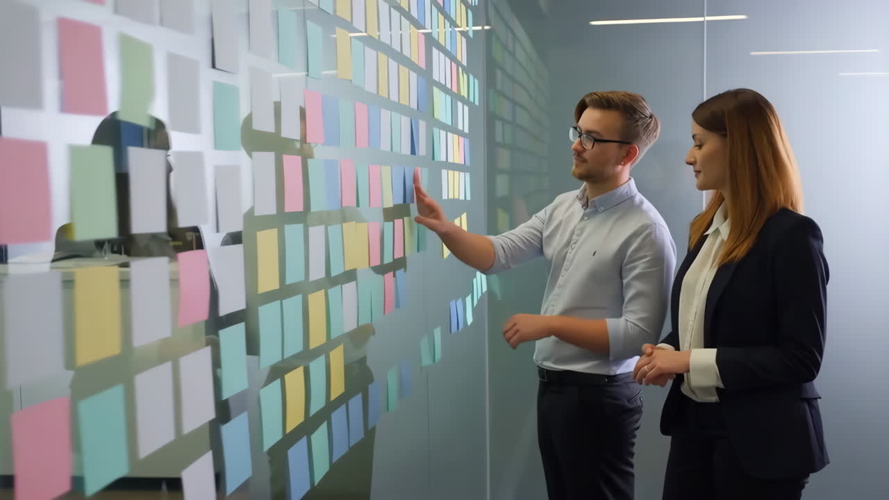 Business colleagues brainstorming with sticky notes on a glass wall