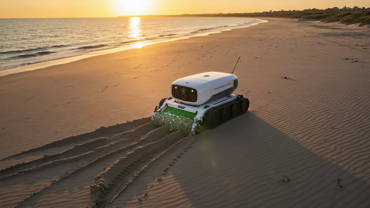 Autonomous Robot Traversing Serene Sandy Beach at Sunset, Capturing the Beauty of Nature While Engaging in Advanced Exploration and Data Collection Activities