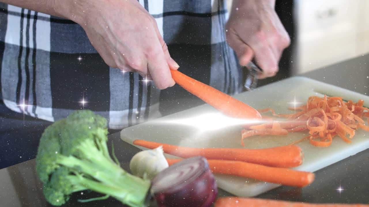 Cook grabbing carrot and pulling peeler in kitchen generating peels for cooking with light flares