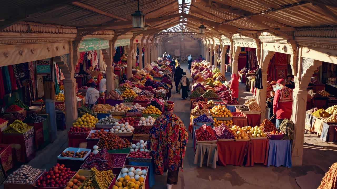 Overhead shot of a vibrant market with colorful produce