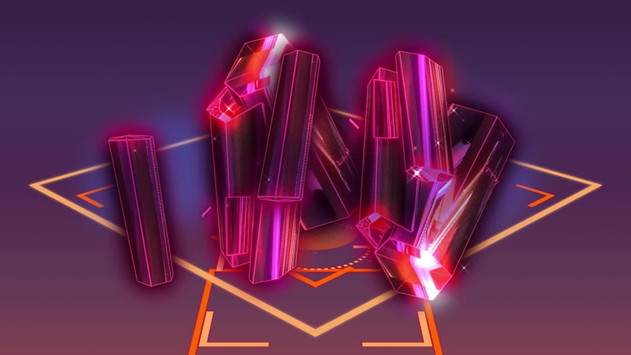 보라색과 핑크색 그라디언트 배경에 핑크색 결정 모양의 애니메이션