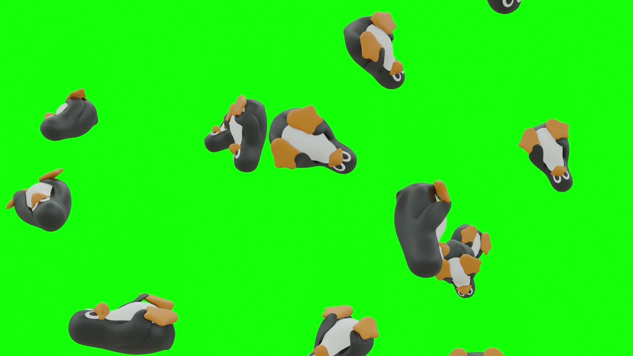 Linux Penguins Falling On Green Screen With Alpha Matte