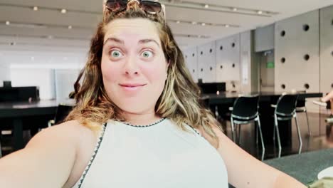 young woman vlogging in a modern interior space
