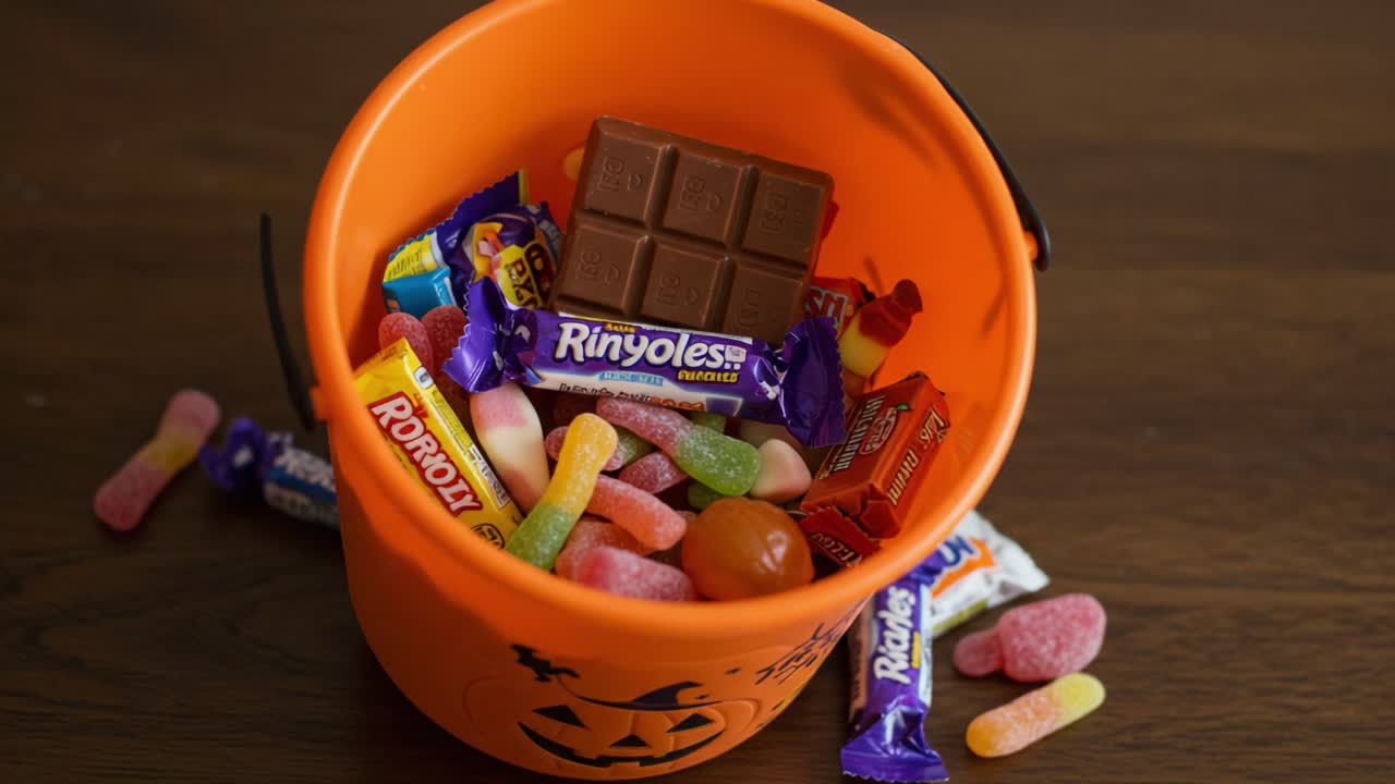 A Festive Halloween Pumpkin Bucket Filled with Colorful Candies and Treats Ideal for Trick-or-Treating Adventures and Celebrations