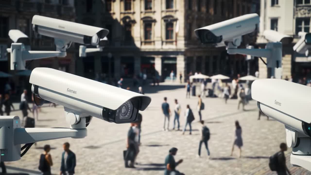 Surveillance in Urban Spaces: A Focus on Security Cameras Monitoring Pedestrians in a Bustling Public Square, Capturing Everyday Life and Safety Measures