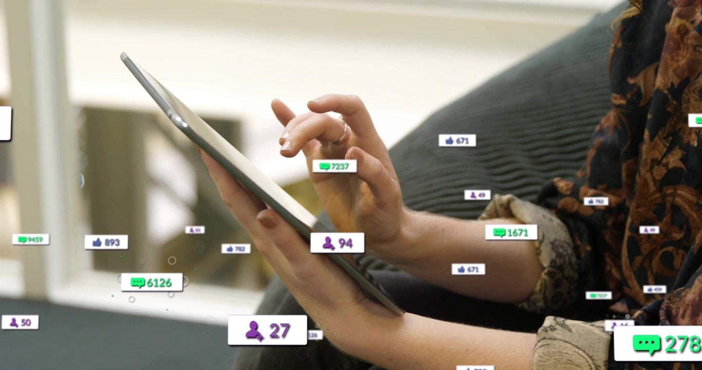 Woman tapping tablet and generating social media metrics animation showing audience growth