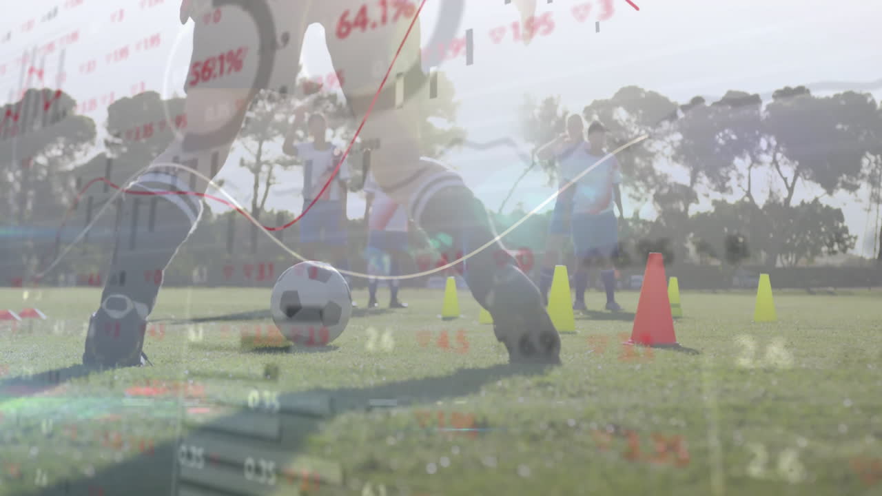 Female soccer team executing drill on grassy field, showing finance data graph overlays