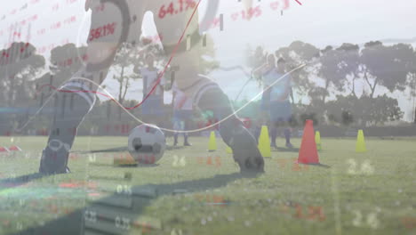 female soccer team executing drill on grassy field, showing finance data graph overlays
