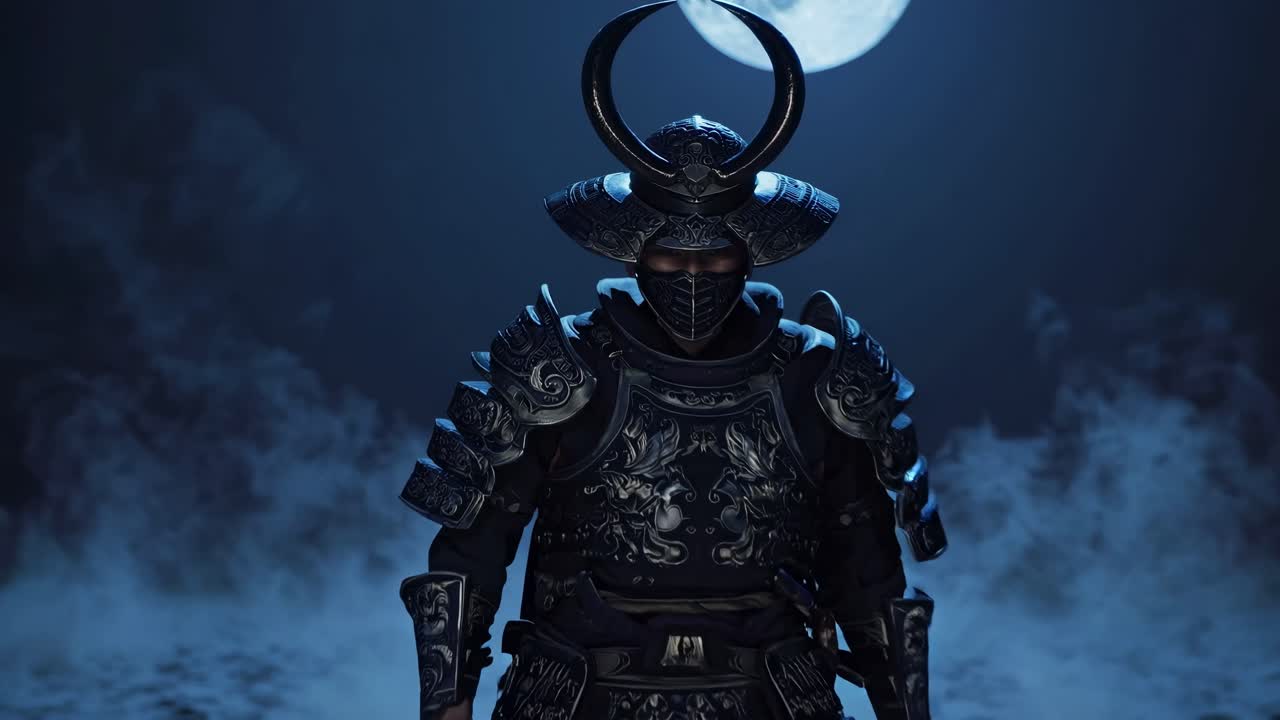 A samurai in full armor emerges from mist, captured in a dramatic low-angle shot