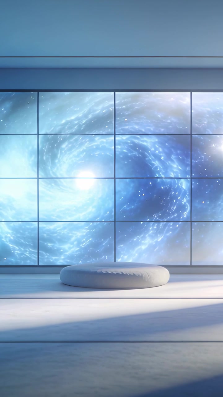 Vertical video: Playing nebula loop, panel screen shifting blue vortex for focus with pouf on stage