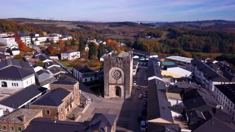 Aerial-Shot-of-Cathedral-in-Old-Village-in-Spain-Along-Camino-De-Santiago-Route