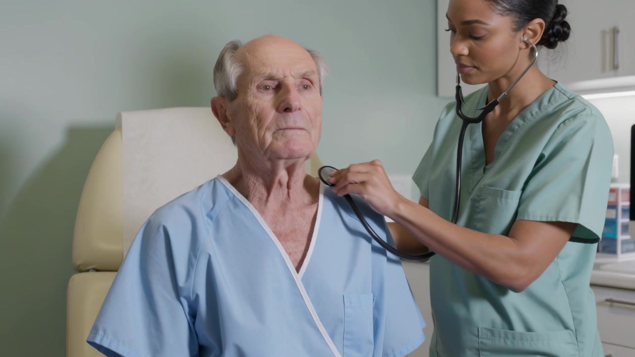 Clinico in camice verde che posiziona lo stetoscopio sul petto di un uomo in clinica, ascoltando il respiro.