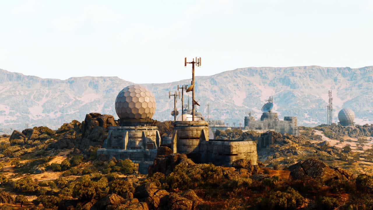 Military base located in mountainous terrain with communication equipment