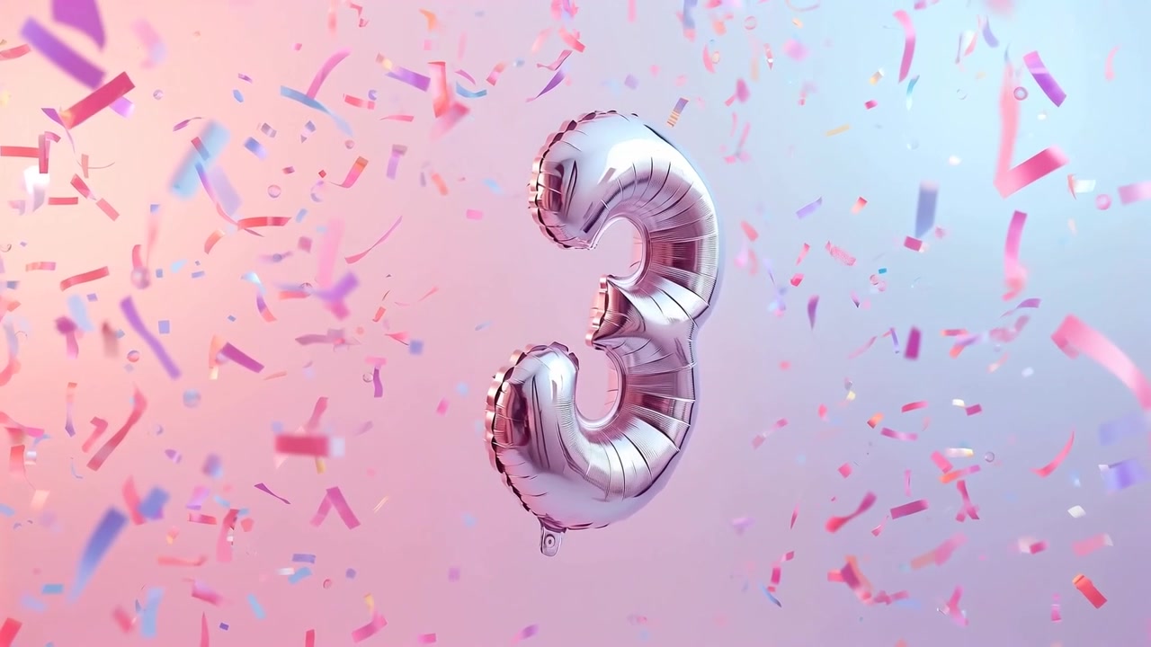 Palloncino in lamina numero 3 che ruota dopo una sequenza che inizia su uno sfondo pastello, coriandoli che cadono per la rivelazione
