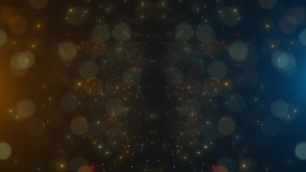 Mjuk mörk bokeh-partikelbakgrund med varmt guld och kallt blått ljus, svävande damm och subtila detaljer.