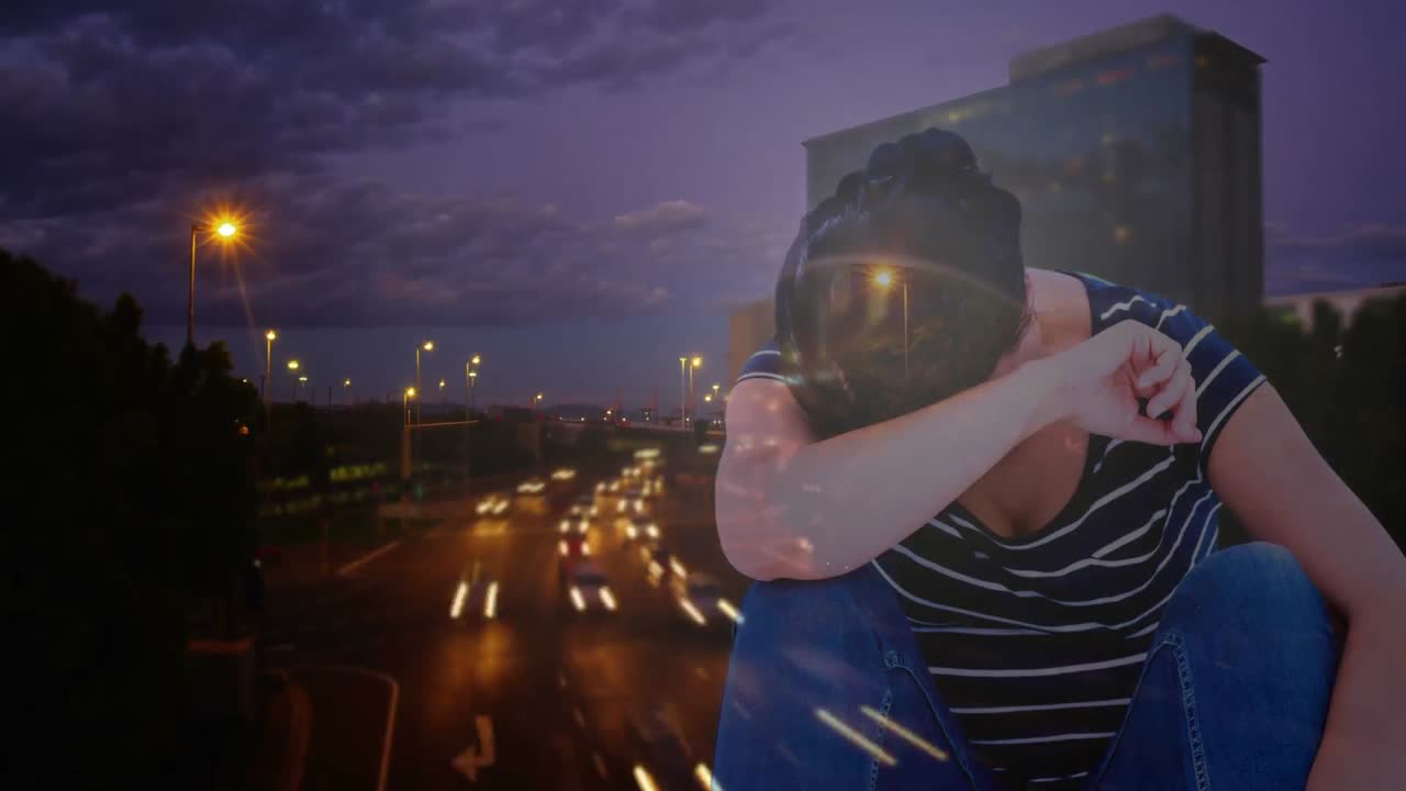 Animação digital de mulher deprimida com a cabeça na mão e a cidade ao fundo 4K