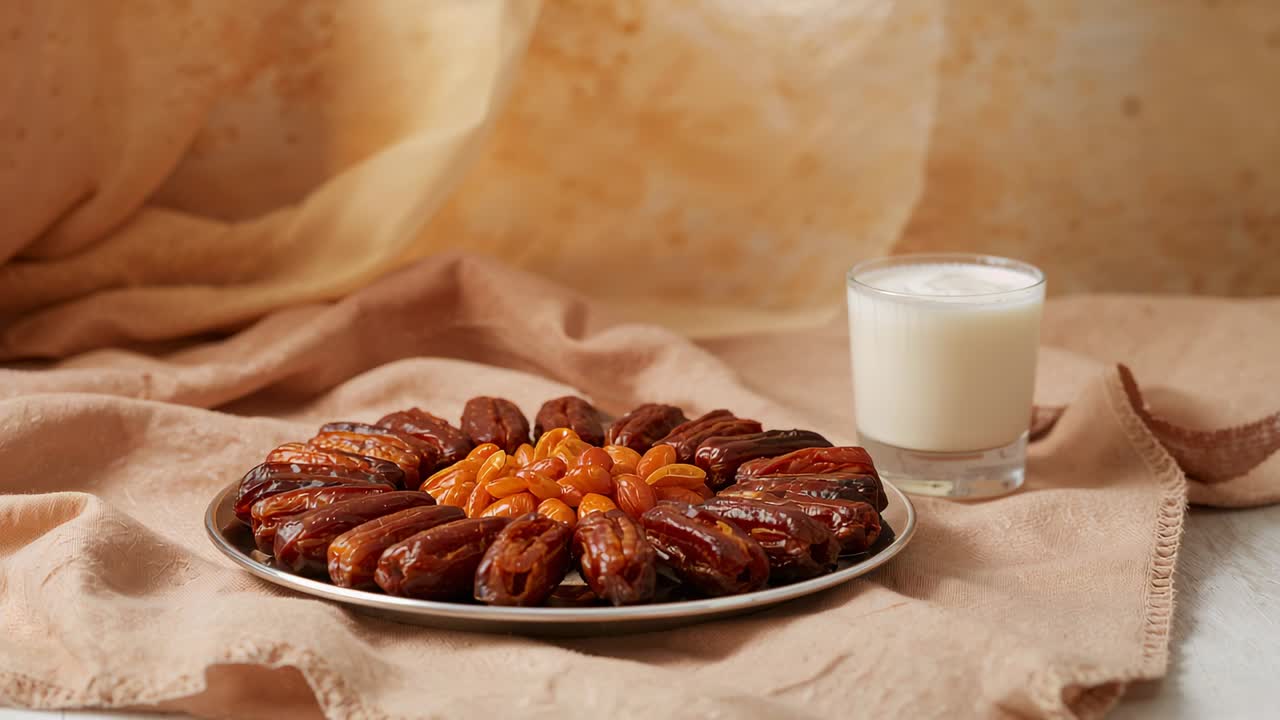 Pushing camera slowly moving inward on table, focusing on plate with dates, apricots, glass of milk