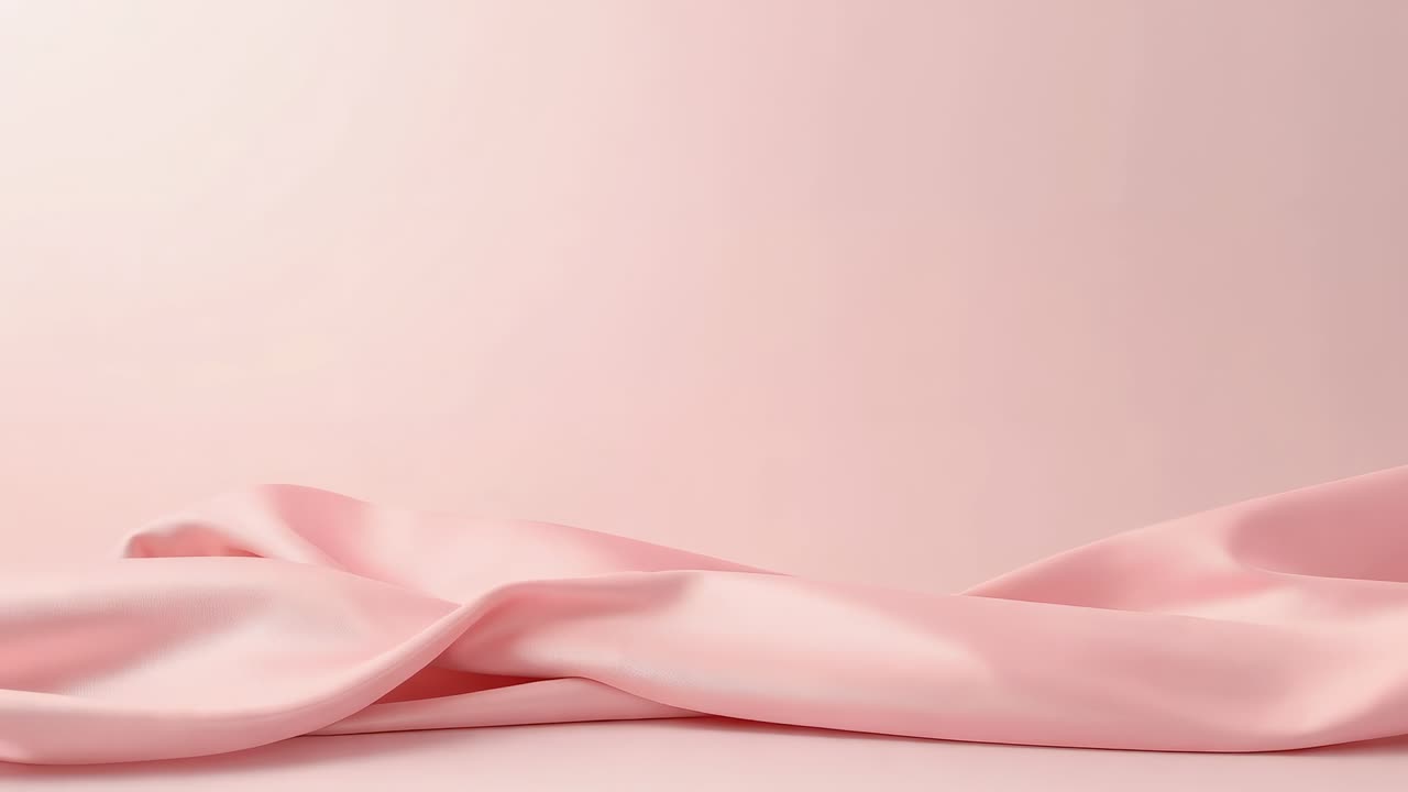 Drappeggio in raso rosa cangiante che scivola sulla piattaforma e sullo sfondo dello studio, la gravità distende le pieghe