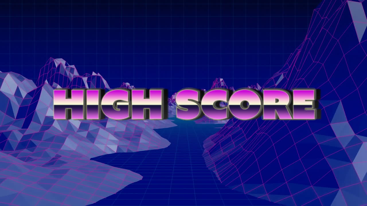 금속 핑크와 보라색 글자로 쓰여진 높은 점수라는 단어의 애니메이션