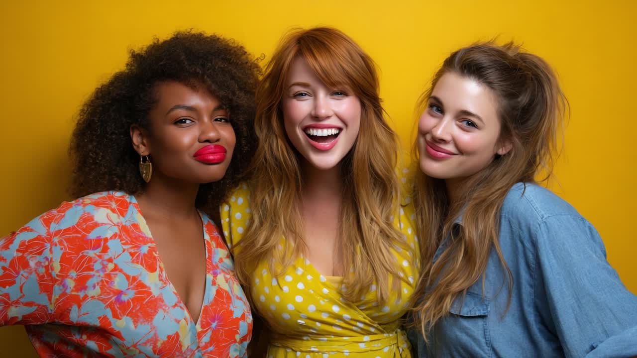 Three Women Radiate Joy and Confidence in a Vibrant Yellow Setting, Showcasing Friendship and Celebrating Diversity with Genuine Smiles and Expressive Poses, Perfect for Themes of Empowerment and Unity