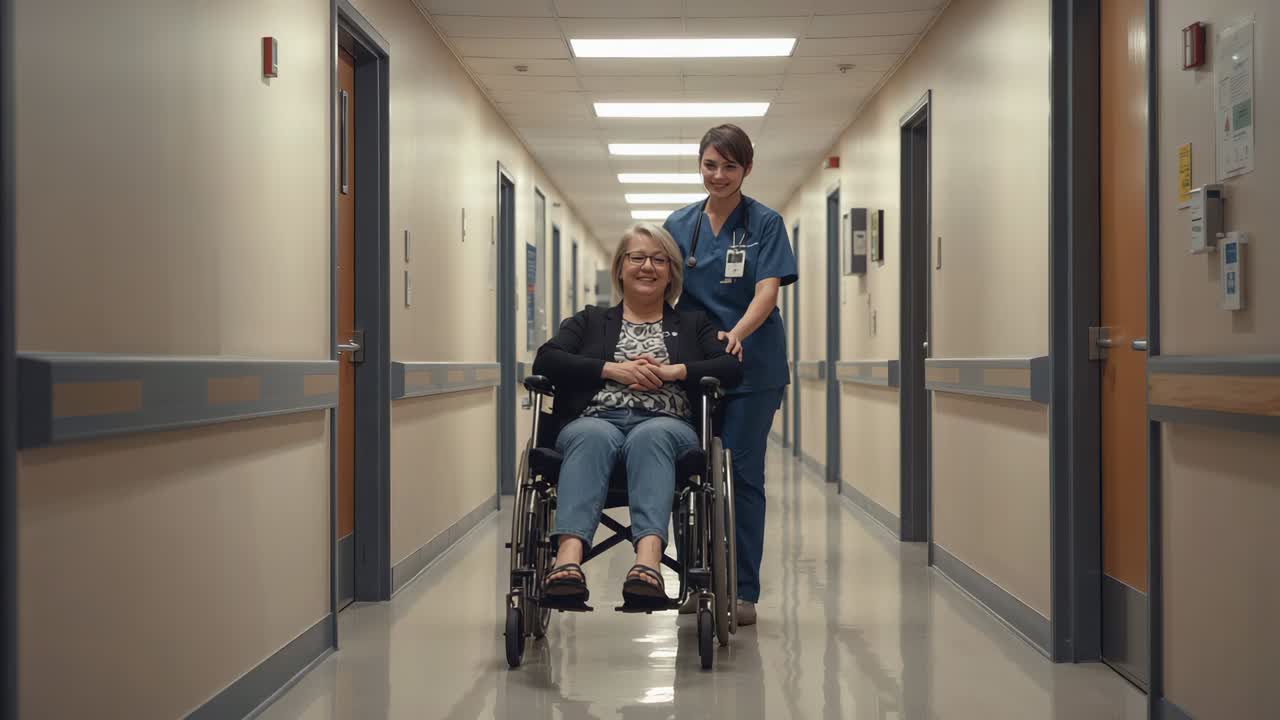 Krankenschwester schiebt Rollstuhl, legt Hände auf die Griffe und führt ihn den Krankenhausflur entlang, trägt OP-Kleidung