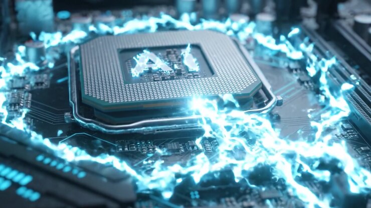 Una vista ravvicinata di una scheda madre ad alta tecnologia con un potente microprocessore e circuiti di intelligenza artificiale luminosi, che mostra tecnologia avanzata e design futuristico