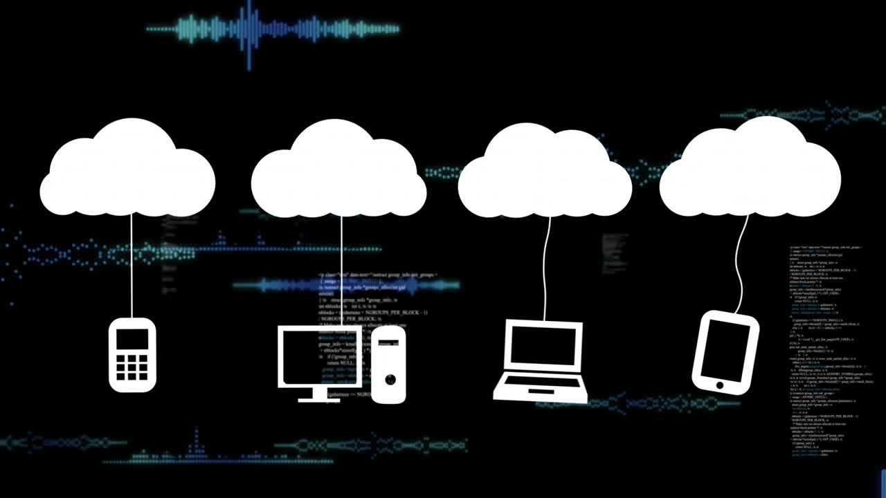 Cloud computing concept with devices connected to clouds over digital data animation